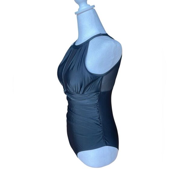 Tempt Me Black One Piece Swimsuit High Neck Plunge Ruched Tummy Control Small - Picture 5 of 13
